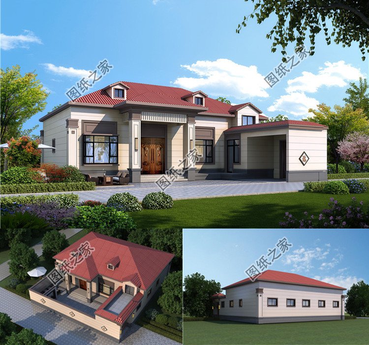 7字型一層半農(nóng)村別墅設(shè)計圖外觀圖