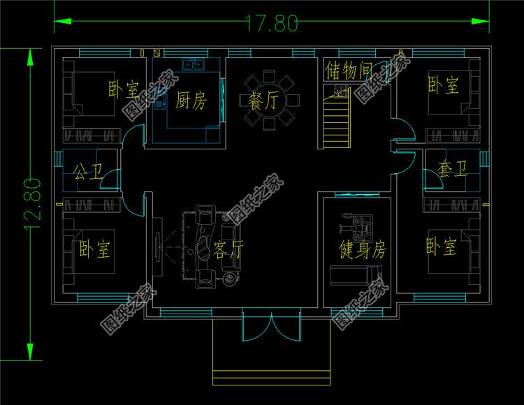 200平米二層五間對(duì)稱式結(jié)構(gòu)別墅一層平面圖