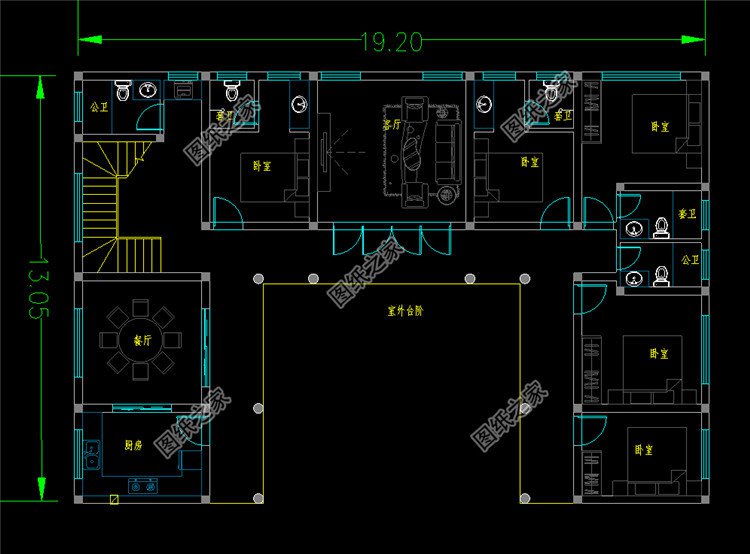 簡(jiǎn)約農(nóng)村中式四合院別墅二層設(shè)計(jì)圖一層