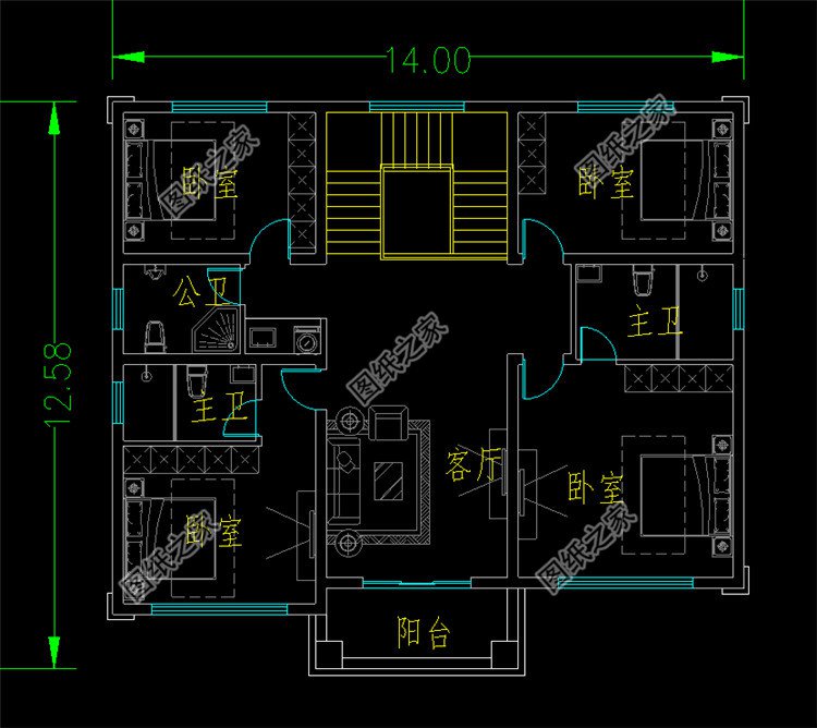 14x12.5米二層農(nóng)村別墅設(shè)計圖二層