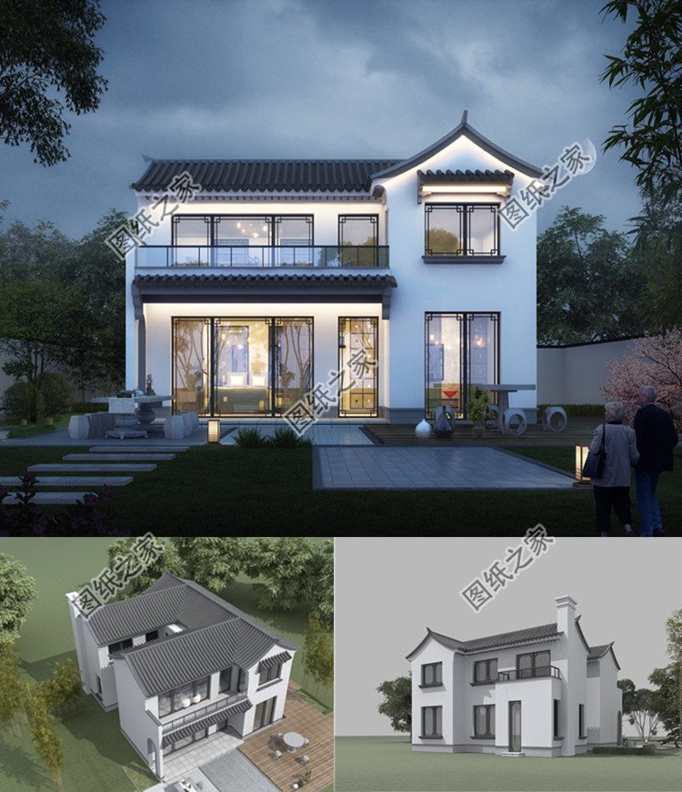 124平米徽派帶露臺(tái)別墅效果圖