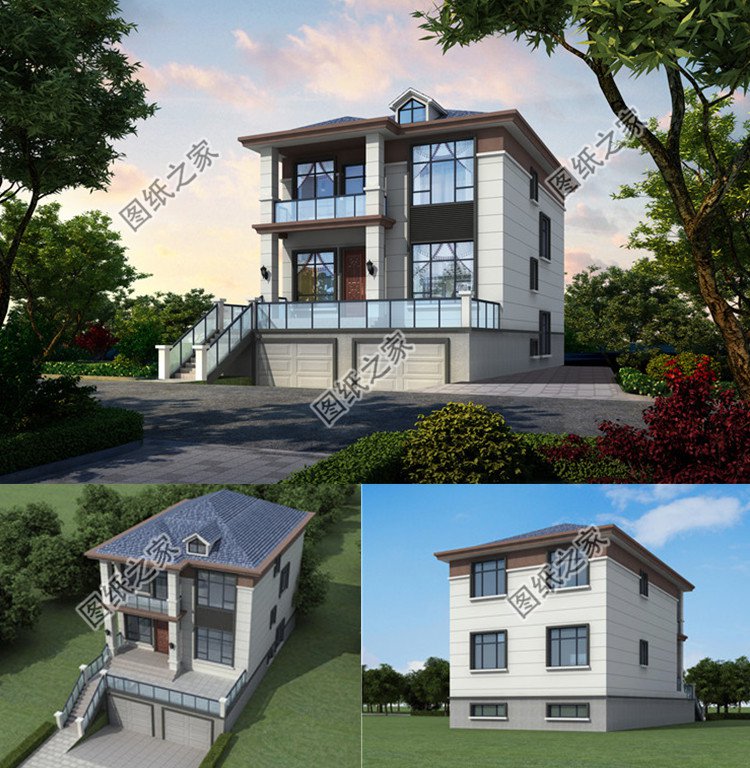 9×16米帶架空層二層現(xiàn)代別墅效果圖