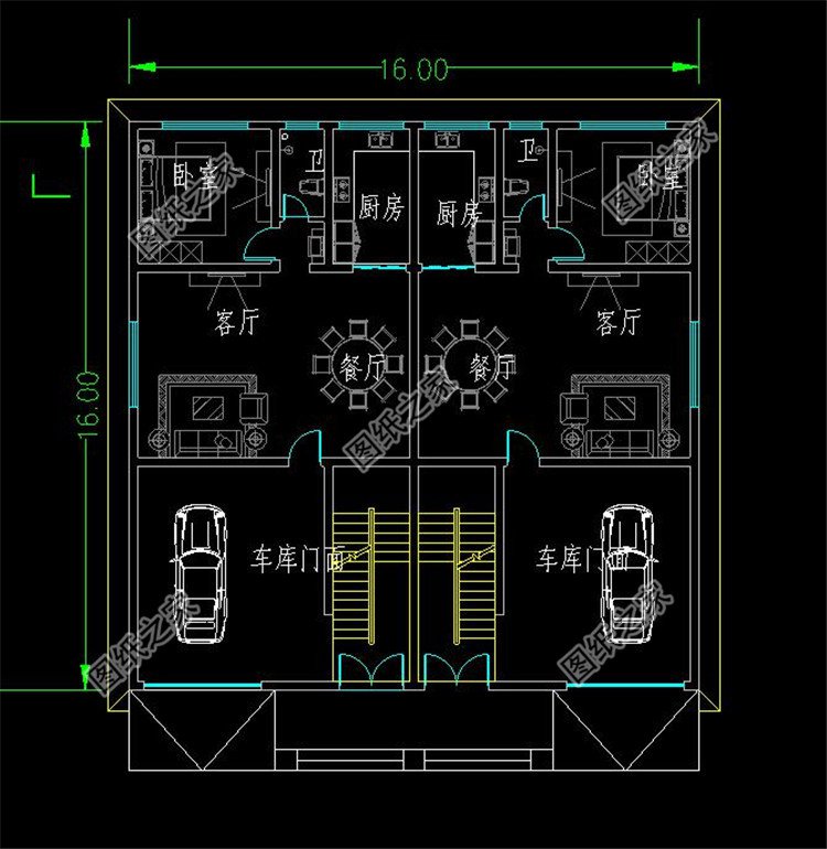 帶雙露臺(tái)帶車庫(kù)雙拼別墅設(shè)計(jì)圖一層