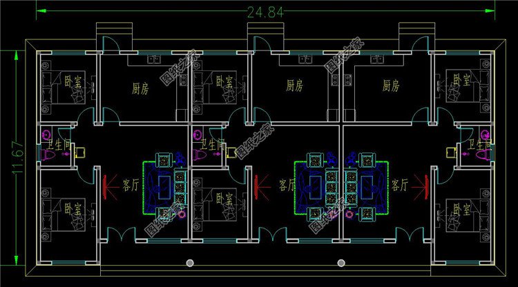 小戶型三戶聯(lián)排別墅房屋設(shè)計(jì)圖一層