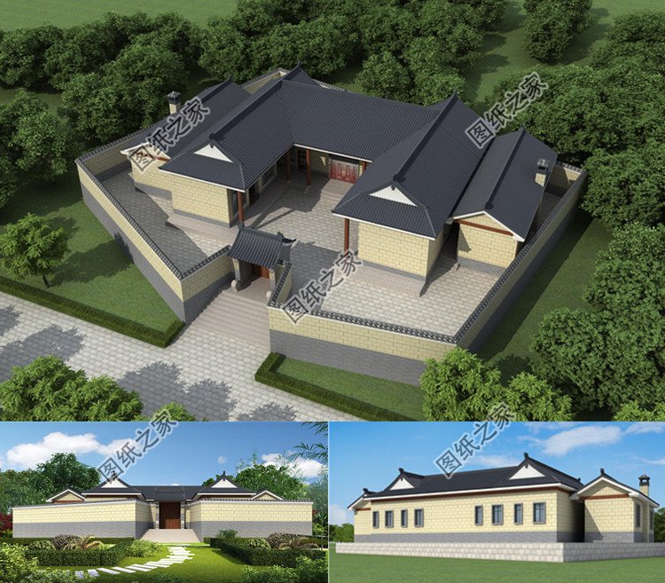 合院風格雙拼別墅設計圖效果圖