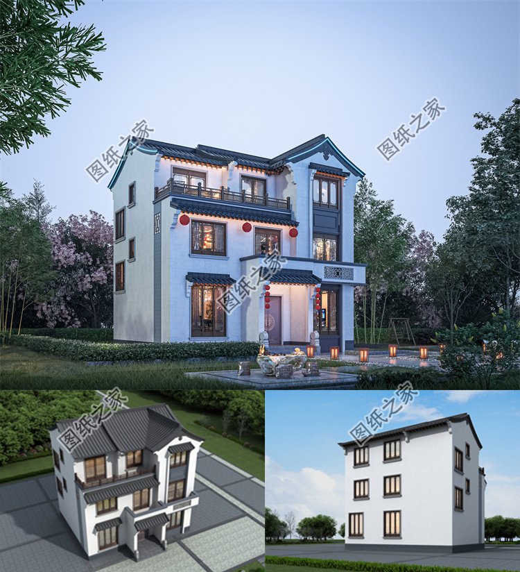 徽派農(nóng)村三層小別墅效果圖