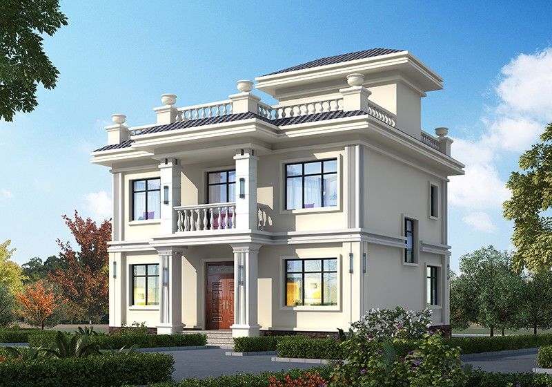 帶地下室三間二層農村自建房設計圖，現(xiàn)代平屋頂設計